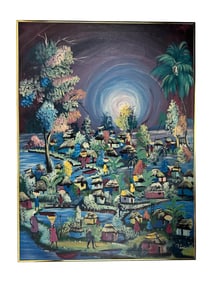 Haitian Folk Art Figural Village Painting SIGNED