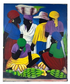 Haitian Folk Art Market Scene Oil Painting SIGNED