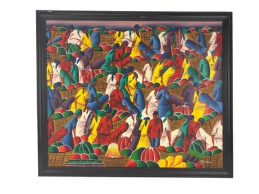 Haitian Folk Art Market Scene Oil Painting SIGNED