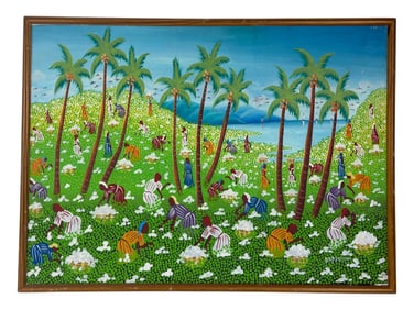 Haitian Folk Art Field Workers Oil Painting SIGNED