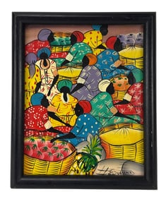 H Edward Figural Market Scene Haitian Oil Painting