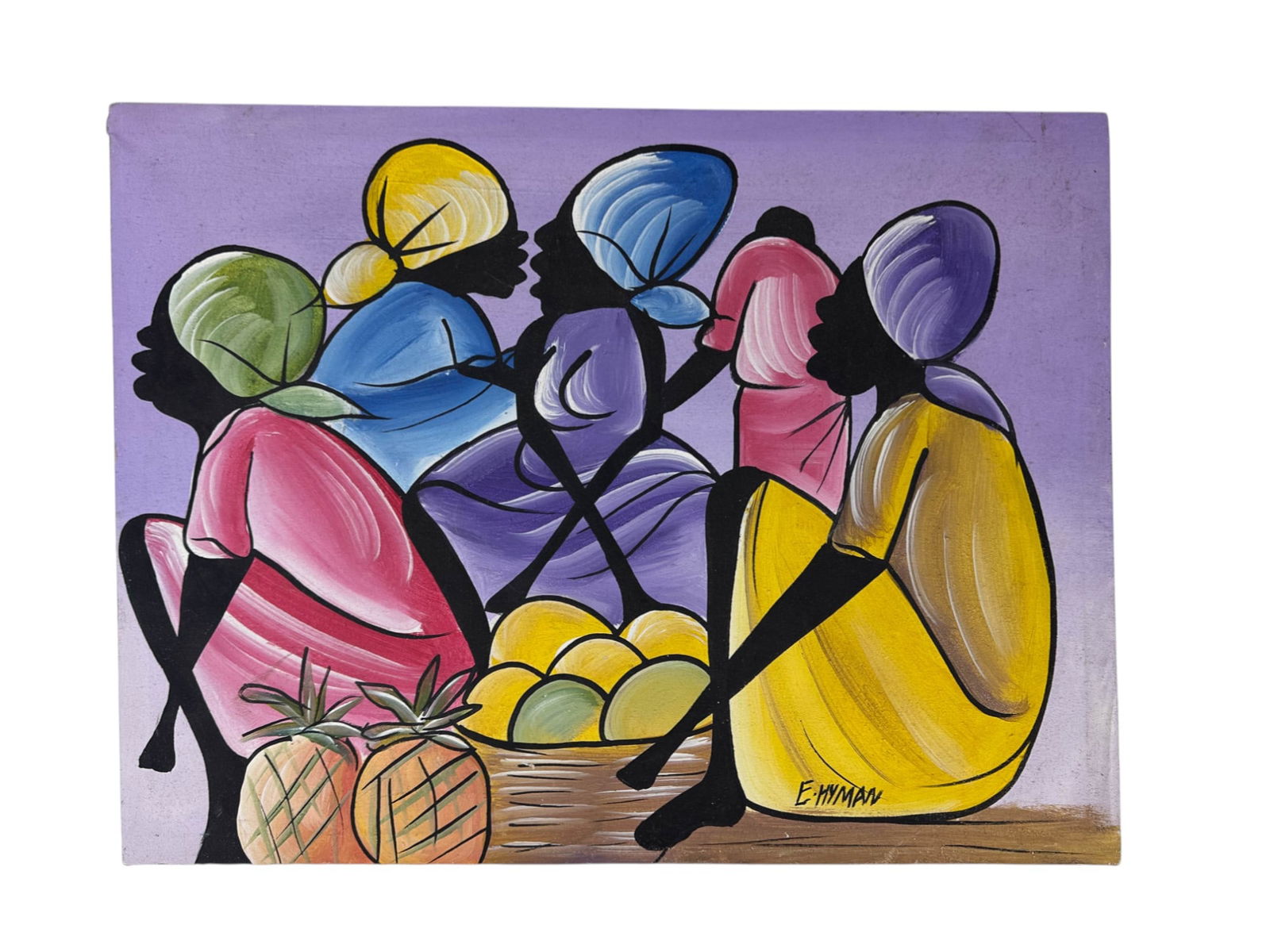 E Hyman Women w/ Fruit Basket Haitian Oil Painting (1 of 3)