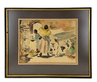 Village Market Scene Watercolor Painting SIGNED