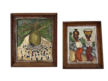 Juan Sisay 1921-1989 Village Scene Oil Painting 2p