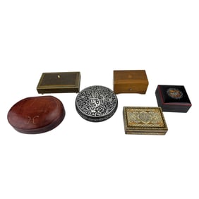 Leather Wood Mosaic Lacquer Jewelry Trinket Box 6p