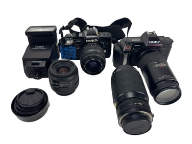 Minolta 7000 & 5000 Cameras Lenses Flashes w/ Case