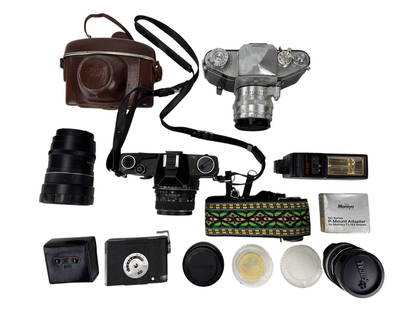 Mamiya Exakta Zeiss Ikon Camera & Lens ESTATE LOT: Lot of vintage cameras and accessories including a Mamiya NC1000 35mm SLR camera with Mamiya-Sekor 50mm f/1.7 lens, an Ihagee Exakta VX camera body with Biotar 58mm f/2 lens and a Zeiss Ikon Contina c
