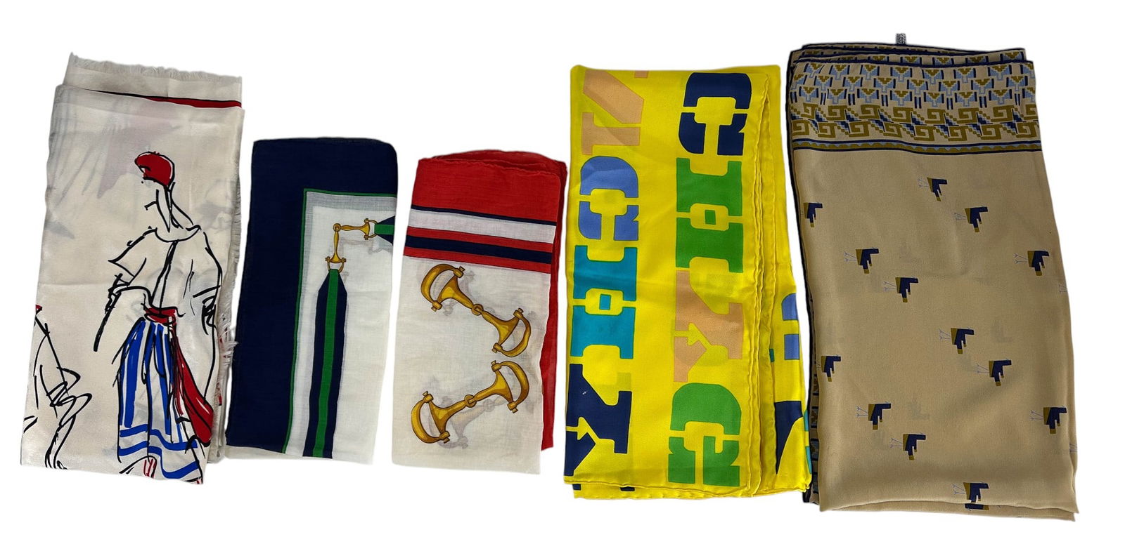 Gucci Givenchy Christian Dior Designer Scarf 5pc: Gucci, Christian Dior and Givenchy, a group of five (5) silk and textile cotton scarves including two Gucci scarves featuring horse bit motifs in red and navy borders, a Gucci scarf with geometric Gre