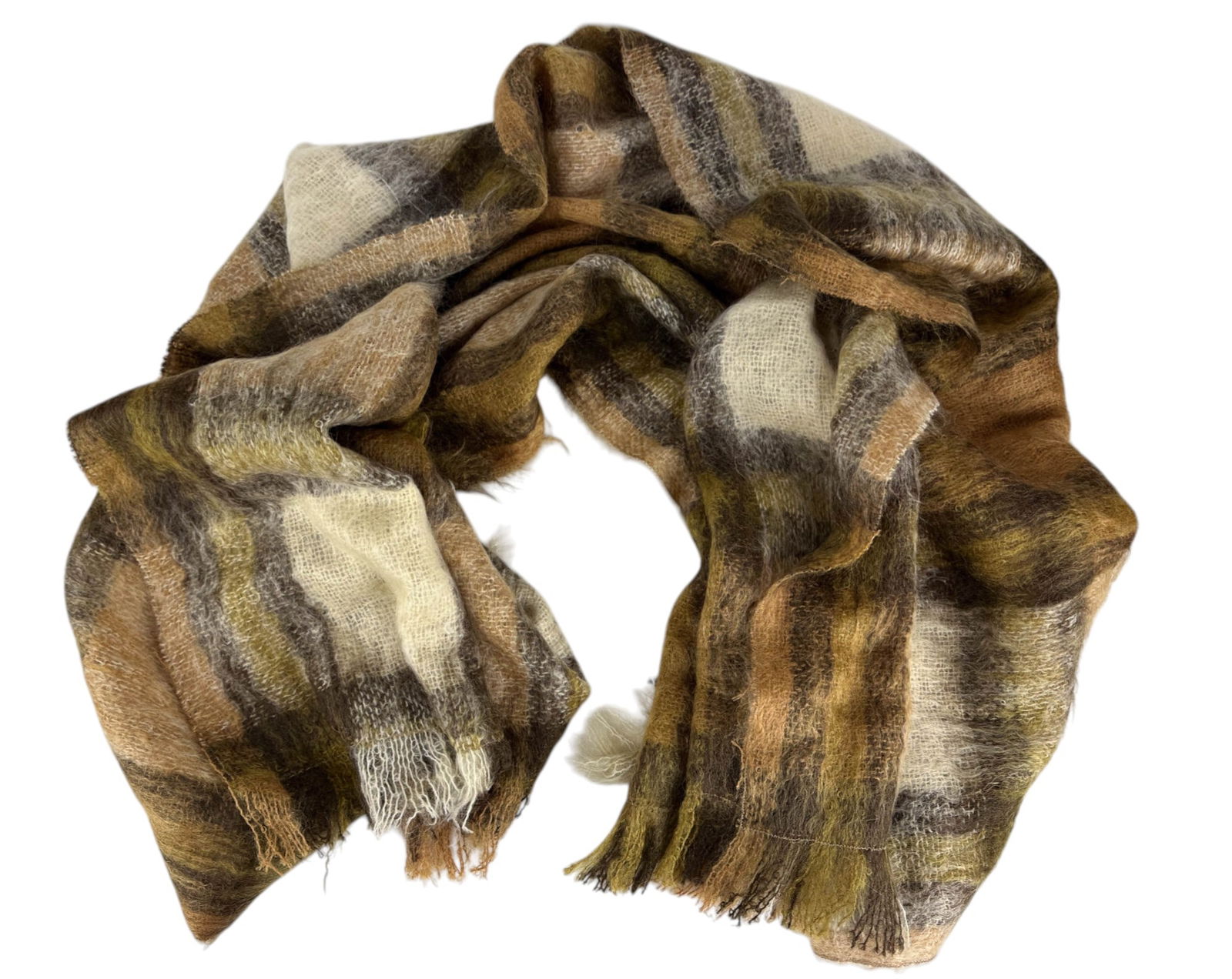 Prada Milano Designer Wool Mohair Plaid Scarf: Luxurious plaid scarf crafted in Italy from a blend of 70 percent mohair and 30 percent wool. Features a soft, airy texture in muted shades of tan, olive, brown, and cream, woven in a large check patt