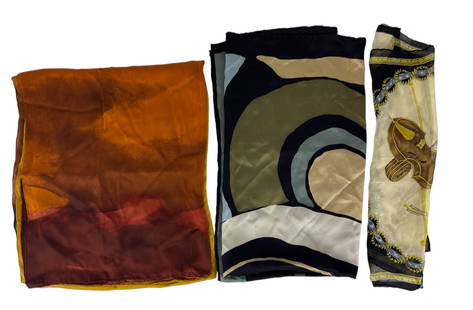 Versace Pocket Square Armani & Gucci Silk Scarf 3p: Includes an Atelier Versace pocket square with a classical music motif featuring instruments and laurel wreaths on a neutral ground, a Giorgio Armani scarf with a bold modern abstract design in earth