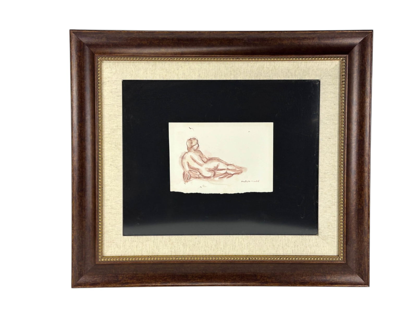 Aristide Maillol 1861-1944 Nude Study Watercolor: Aristide Maillol (French 1861-1944) watercolor painting on paper. The work executed in sanguine (reddish brown coloration) features a reclining nude figure, seen from behind. Executed with fluid lines