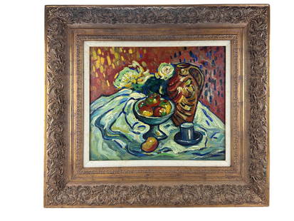 Still Life Jug Fruit Bowl Cup Oil Painting SIGNED: 20th century oil painting on canvas depicting a tabletop still life arrangement with fruit in a compote bowl, a vase, white flowers, a pitcher jug and a cup with saucer. The table is draped in a cloth