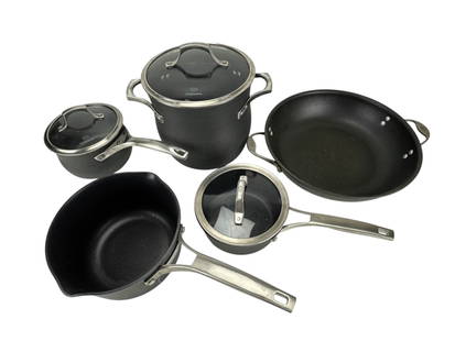 Calphalon Nonstick Hard Anodized Cookware 5p LOT: Calphalon collection of nonstick hard anodized aluminum cookware featuring stainless steel handles and tempered glass lids. Assortment includes various sizes of saucepans, a deep stock pot, and a larg