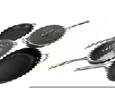 Calphalon Williams Sonoma Nonstick Cookware 4p LOT: Calphalon for Williams Sonoma, a grouping of hard anodized nonstick cookware, including saute pans, frying pans, and skillets. Pieces feature glass lids with stainless steel loop handles, marked with