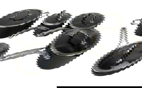 Calphalon Williams Sonoma Unison Nonstick Cookware: Calphalon for Williams Sonoma collection of hard anodized nonstick cookware comprising various saucepans and saute pans, each with matching tempered glass lids and stainless steel handles. Include:Mod