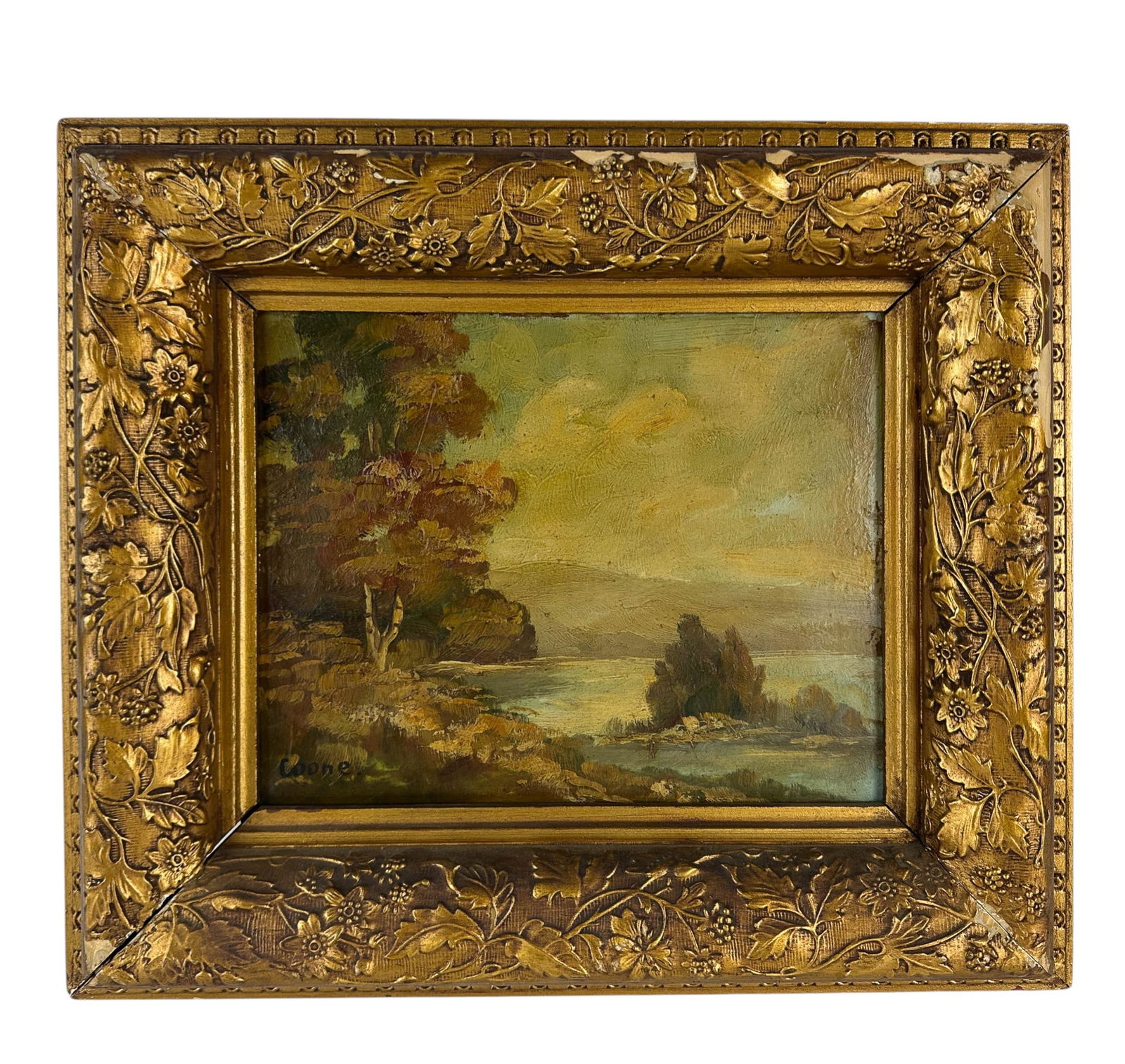 Antique Landscape River Tree Oil Painting SIGNED (1 of 4)