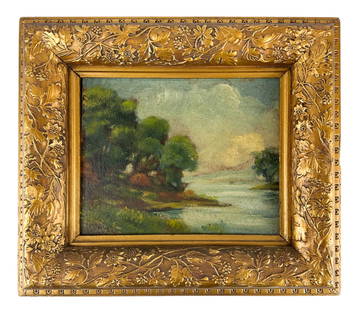 Antique Landscape River Tree Oil Painting SIGNED: Late 19th to early 20th century oil painting on board depicting a river winding through a wooded landscape. The composition features a group of trees at the riverbank with clouds in the background. Si