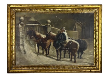 Figural Horse Sleigh Winter Landscape Oil Painting