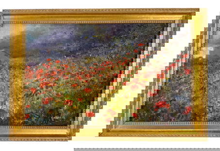 Impressionist Floral Landscape Oil Painting SIGNED: 20th century oil painting on canvas, depicting an impressionist landscape of a field densely filled with red poppies and varied wildflowers under a sky line with purple and blue hues. Signed lower rig