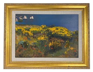 Floral Coastal Landscape 20thC Oil Painting SIGNED