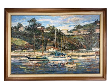 C Cary Impressionist Coastal Harbor Oil Painting