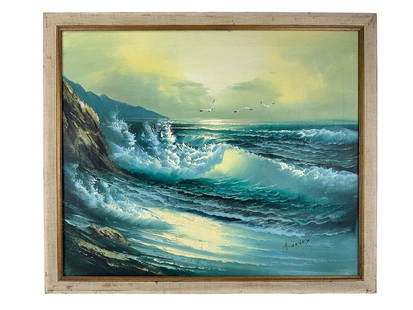 Howard Gailey Coastal Seascape Oil Painting SIGNED: Howard Gailey 20th century oil painting on canvas. Depicts dynamic ocean waves crashing against a rocky coastline beneath a luminous sky. The composition features layered surf, reflected light on the