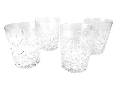 Waterford Lismore Double Old Fashioned Glasses 4pc: Set of four (4) Waterford Irish crystal bar barware whiskey scotch brandy double old fashioned glasses. Pattern Lismore that was introduced in 1952. Showcases a design that features vertical cuts over