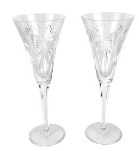Waterford Crystal Millennium Champagne Flutes PAIR: Lot of two (2) Waterford clear crystal art glass bar barware champagne toasting fluted goblets. Modeled in the Millennium series. Production years 1996-2005. Showcases the five universal wishes / toas