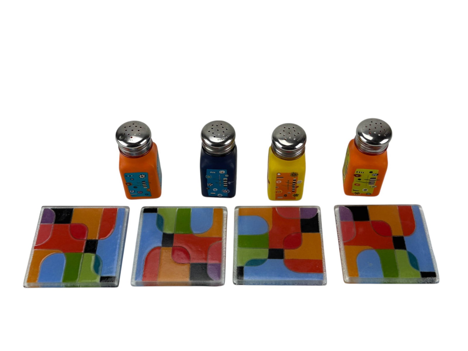 Abstract Salt Pepper Shakers & Karr Glass Coasters: Four polymer clay and glass abstract salt and pepper shakers designed by artist Mira Pinki Krispil. Decorated with colorful millefiori style accents and having stainless steel screw on caps. Accompani