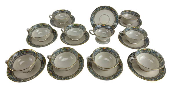 Lenox Autumn Porcelain Enamel Tea Cup Saucer 20pc: Lenox set of ten teacups with ten matching saucers in the Autumn pattern. introduced in 1966. Each ivory porcelain teacup and saucer is decorated with cobalt and celadon scrolling borders, detailed fl