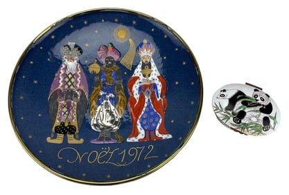 Faure Limoges Noel Enamel Plate & Chinemel Box 2pc