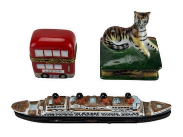 Limoges Porcelain Ship Bus & Tiger Trinket Box 3pc