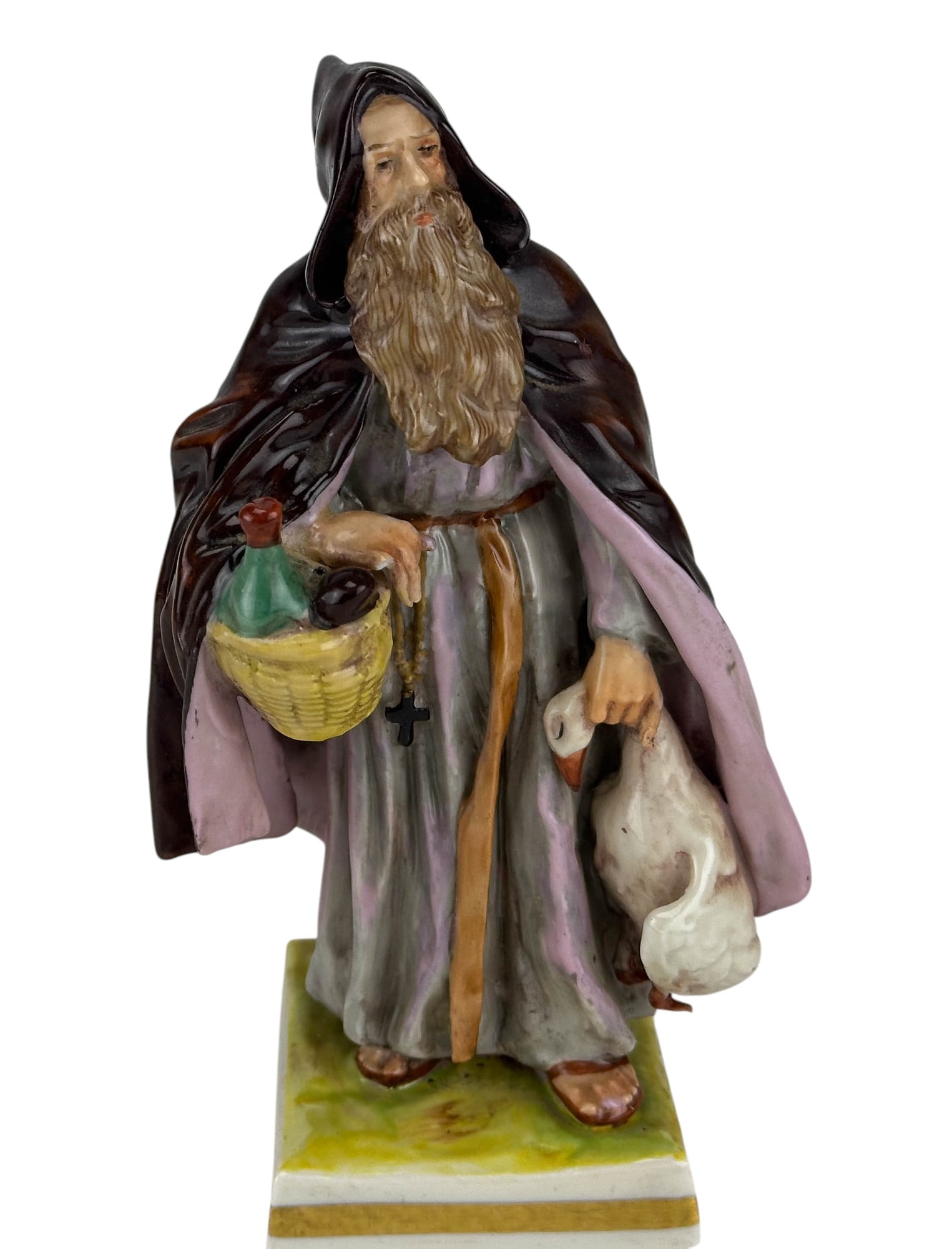 Richard Ginori Capodimonte Porcelain Monk Figurine: Richard Ginori Italian hand painted porcelain figurine of a bearded monk in a hooded cloak, holding a fruit basket on one arm, holding a goose duck bird, in the other hand. Glazed finish. Measures app