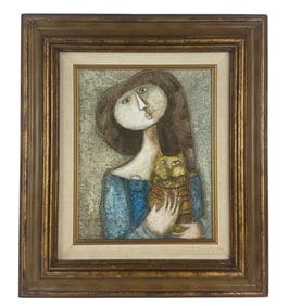 Joyce Roybal b1955 Woman w Cat Oil Painting SIGNED