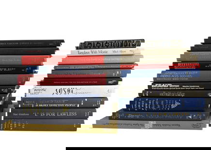 Estate Collection Non Fiction Hardcover Books 20pc: Collection of assorted hardcover books spanning fiction, non-fiction, business, memoir, and travel genres. Titles include Dress Your Family in Corduroy and Denim by David Sedaris, The Leadership Pill