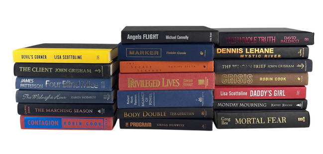 Modern Thriller Suspense Hardcover Books 20pc LOT: Collection of modern thriller and suspense hardcover books featuring popular contemporary authors. Titles include The Whole Truth by David Baldacci, Mystic River by Dennis Lehane, The Pelican Brief an