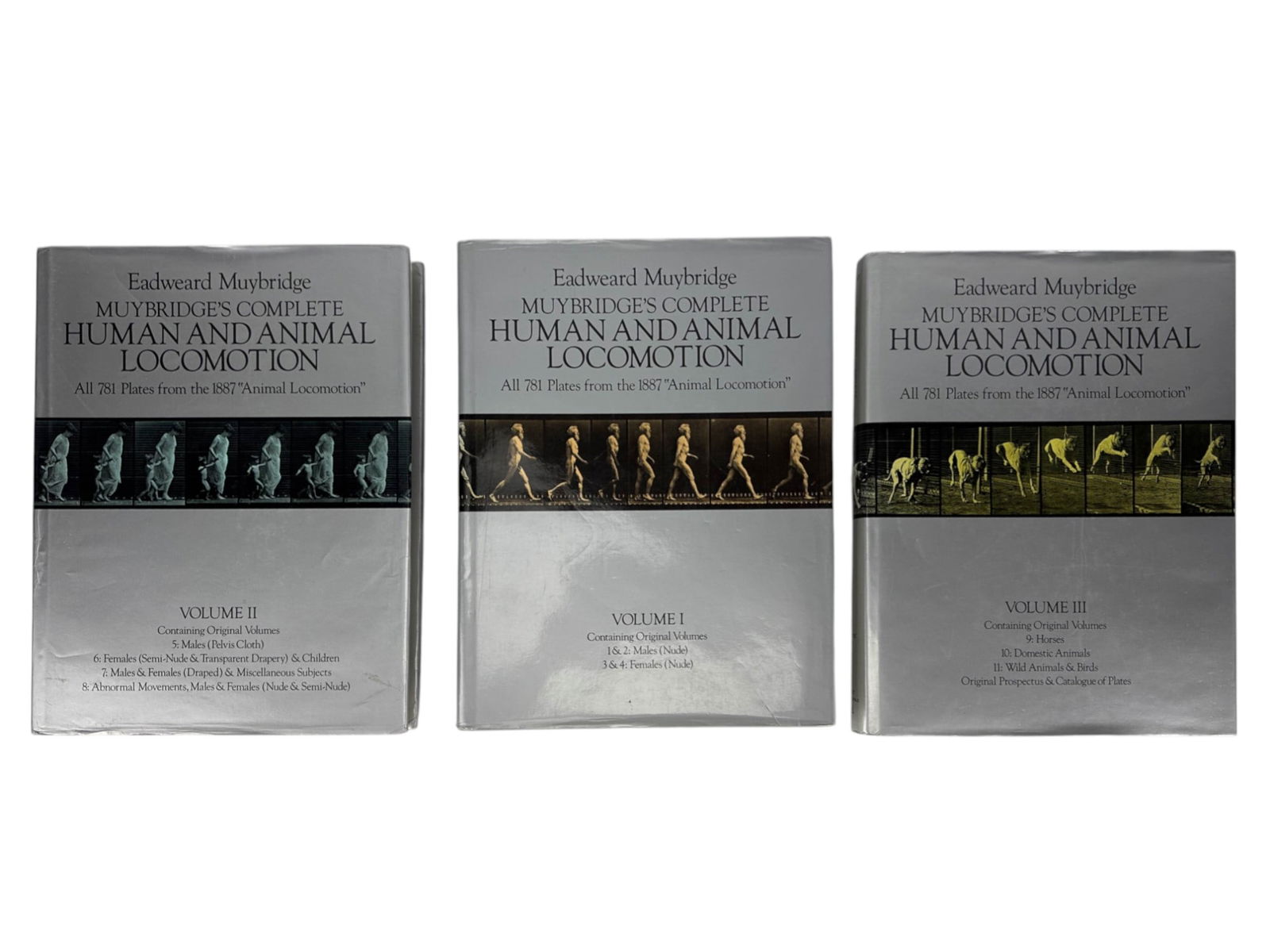 Muybridge Human Animal Locomotion 3 Vol Book Set: Eadweard Muybridge Complete Human and Animal Locomotion, published by Dover Publications, New York, 1979. Complete in three hardcover volumes with dust jackets, featuring all 781 plates from the 1887