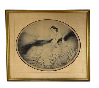 Louis Icart 1888-1950 Art Deco Colored Etching: Louis Justin Laurent Icart (American / French, 1888-1950) color etching with aquatint on paper. Titled Femme Avec Levriers depicting a woman reclining amid flowing drapery with two elegant borzoi dogs