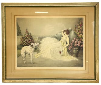 Courcelles Woman w Dog Colored Art Deco Etching