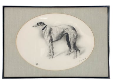 Black White Borzoi Dog Lithograph Etchings SIGNED