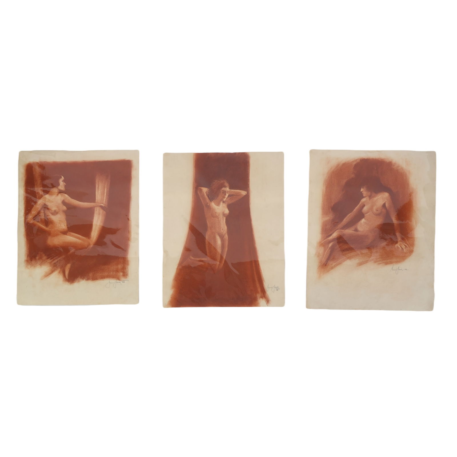 Modern Nude Figural Red Charcoal Drawings 3pc. LOT: An estate collection comprises three (3) original charcoal drawings on Arches-style paper with borders. These figural works, rendered in rust-red charcoal pencil, portray a nude female muse study with