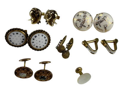 Jose Ferrer Academy Award Actor Estate Cufflinks: Collection of seven pairs of men's vintage cufflinks. Includes (1) 1" Michaud watch theme white enamel face cufflinks. (1) 1" round porcelain with gilt Bombo vintage cufflinks, (1) 1" whimsical Bob Ho