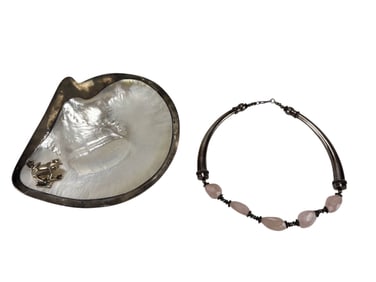 Sterling MOP Caviar Dish 925 Rose Quartz Necklace