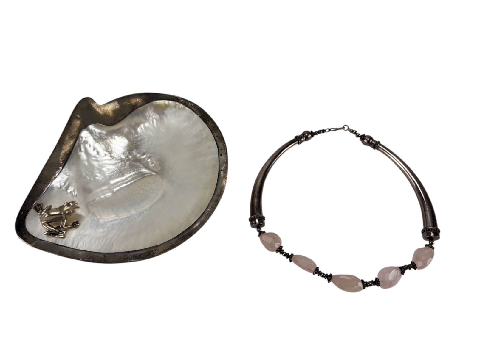 Sterling MOP Caviar Dish 925 Rose Quartz Necklace (1 of 7)