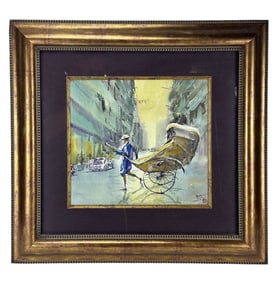 Asian Street Scene w/ Rickshaw Watercolor Painting