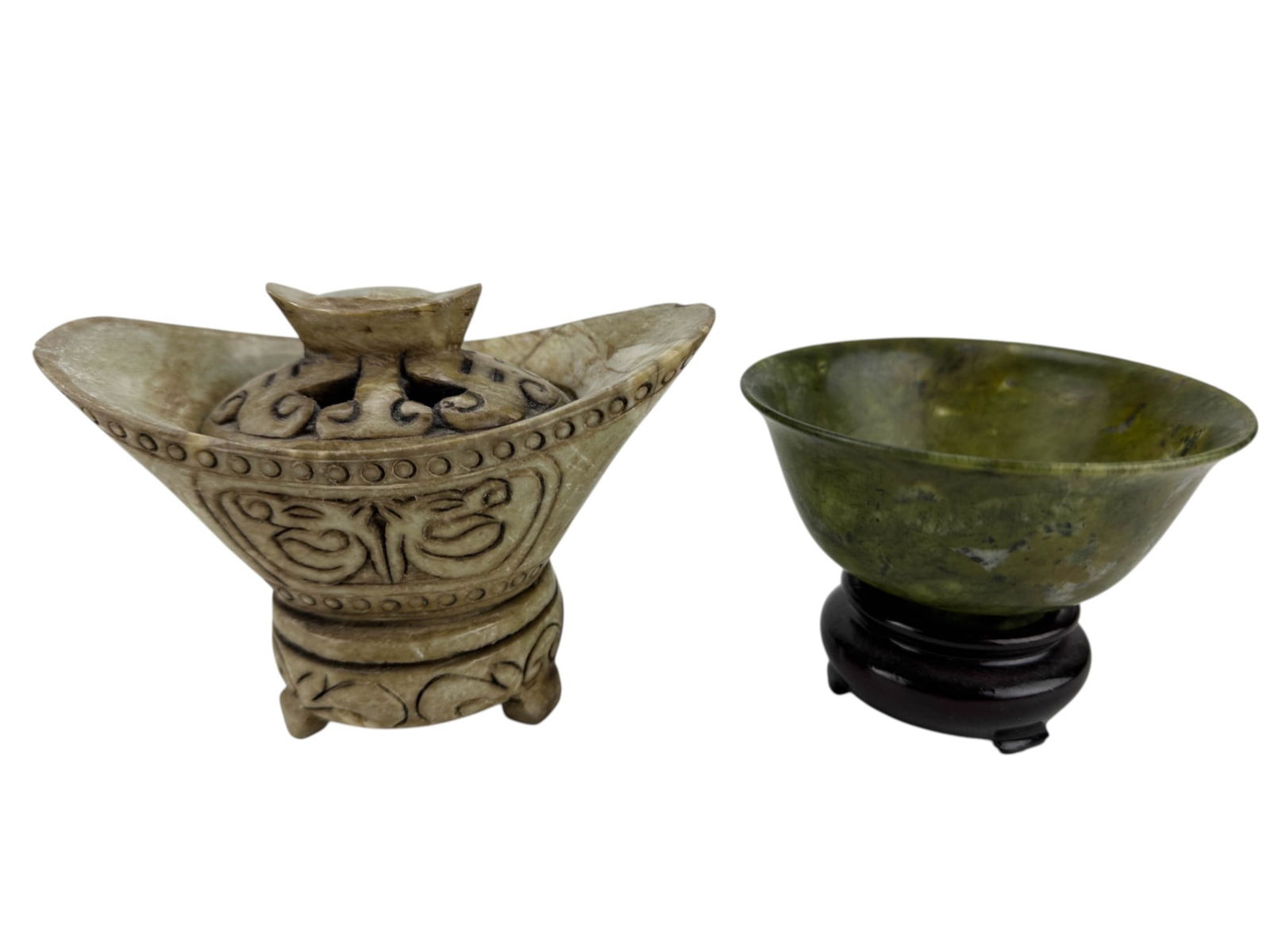 Chinese Carved Jade Brush Pot & Lidded Vessel Bowl (1 of 6)