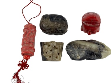 Chinese Red Coral & Jade Hardstone Sculptures 5pc