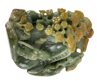 Chinese Carved Green Jade Figural Floral Sculpture