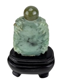 Chinese Carved Jade Snuff Bottle w/ Wooden Base