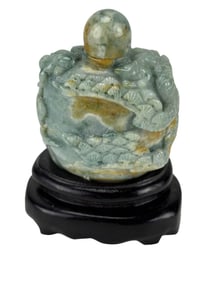 Chinese Carved Jade Snuff Bottle w Stopper & Stand